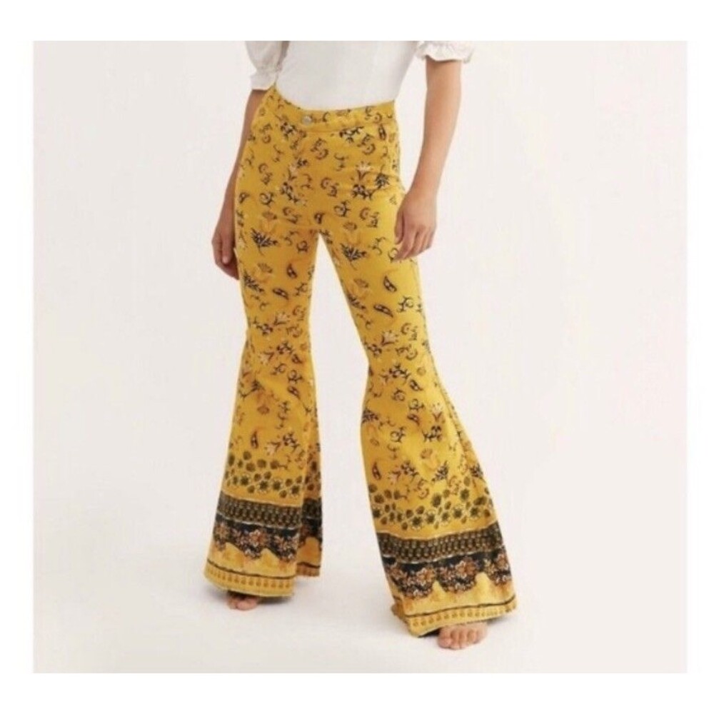 Free People Just Float On Printed Flare Jeans Yellow Paisley Boho Bell Bottom 26